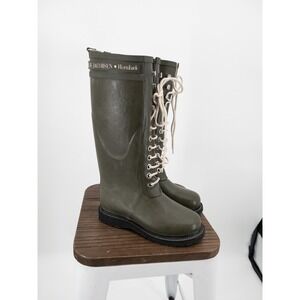 Ilse Jacobsen Hornbaek Army Green Lace Up Rain Boots Fur Lined Size 35 Rubber
